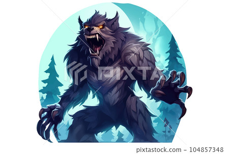 Dark Halloween background with moon in blue sky and werewolf Dark Halloween background with moon in blue sky and werewolf 104857348