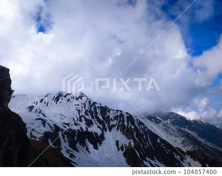 Mountain landscape with snowy peaks and clouds Mountain landscape with snowy peaks and clouds 104857400