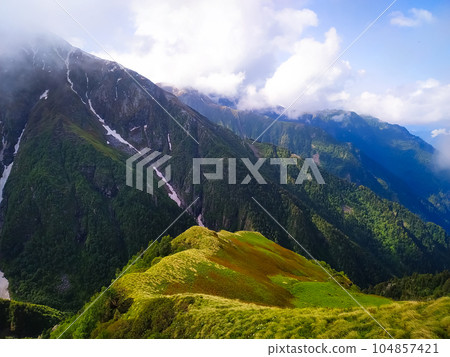 Mountain landscape with green grass and blue sky 104857421
