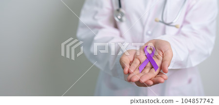 purple Ribbon for Violence, Pancreatic, Esophageal, Testicular cancer, Alzheimer, epilepsy, lupus, Sarcoidosis and Fibromyalgia. Awareness month and World cancer day concept 104857742