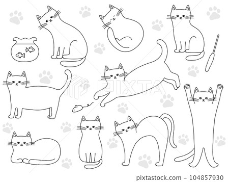 Hand-drawn illustrations of white cats in various poses Hand-drawn illustrations of white cats in various poses 104857930