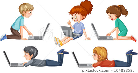 Cartoon Kids Using Laptops for Online Learning 104858583