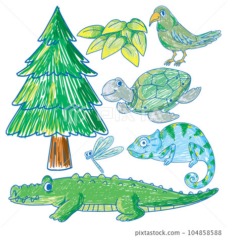 Set of animal and plant in green scribble style Set of animal and plant in green scribble style 104858588