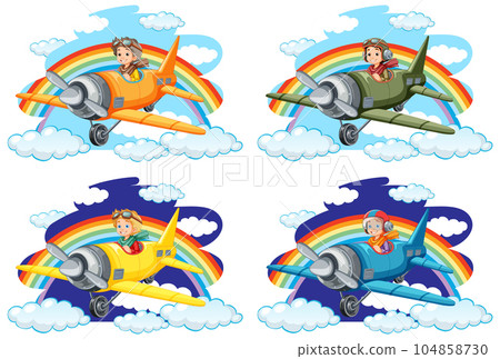 Happy Boy Riding Plane with Rainbow in the Sky Happy Boy Riding Plane with Rainbow in the Sky 104858730
