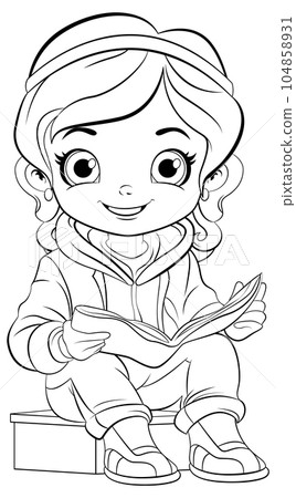 Girl cartoon reading book isolated doodle outline Girl cartoon reading book isolated doodle outline 104858931