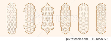 Islamic window shape with mashrabiya pattern. Arabic door frame. Islamic arhitecture elements of window and door and mashrabiya pattern. Islamic window shape with mashrabiya pattern. Arabic door frame. Islamic arhitecture elements of window and door and mashrabiya pattern. 104858976