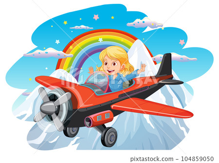 Girl pilot flying airplane over the mountain Girl pilot flying airplane over the mountain 104859050