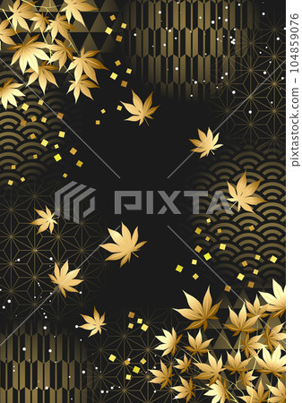 Golden auspicious pattern and autumn leaves background vertical 104859076