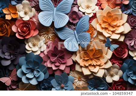 Origami paper flowers with butterflies. Generative AI 104859347