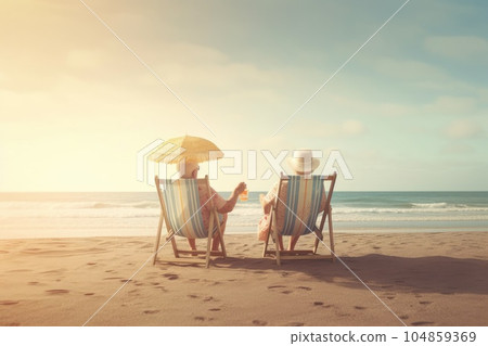 Happy seniors enjoying of retirement on a beach. Generative AI 104859369