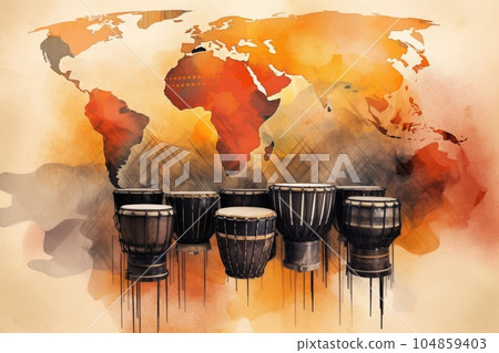 African drums and world map in the background. Generative AI 104859403