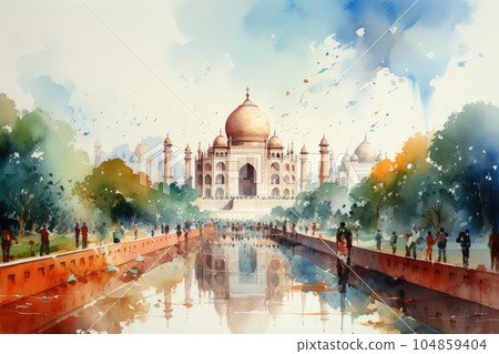 Watercolor Taj Mahal, india independence day. Generative AI 104859404