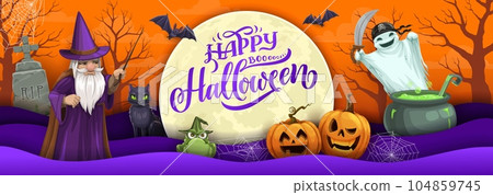 Halloween paper cut banner with cartoon wizard, ghost and pumpkins. Vector greeting cards with 3d layers, sorcerer with white beard hold magic wand, cauldron with green potion, tomb and toad witch 104859745