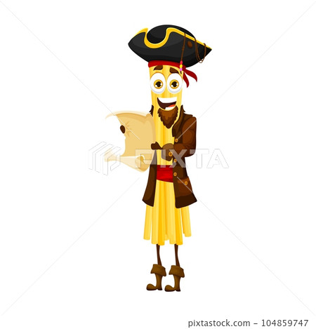 Cartoon bucatini italian pasta pirate character. Tasty noodle buccaneer happy mascot, Italy cuisine classic meal pirate or bucatini corsair isolated vector cheerful personage with treasure map Cartoon bucatini italian pasta pirate character. Tasty noodle buccaneer happy mascot, Italy cuisine classic meal pirate or bucatini corsair isolated vector cheerful personage with treasure map 104859747