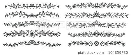Floral wedding dividers, flourish vignettes and separators, borders and delimiters. Vector flower ornament dividers with rose vines, leaves and blossoms, garden plant branches and elegant flourishes Floral wedding dividers, flourish vignettes and separators, borders and delimiters. Vector flower ornament dividers with rose vines, leaves and blossoms, garden plant branches and elegant flourishes 104859780