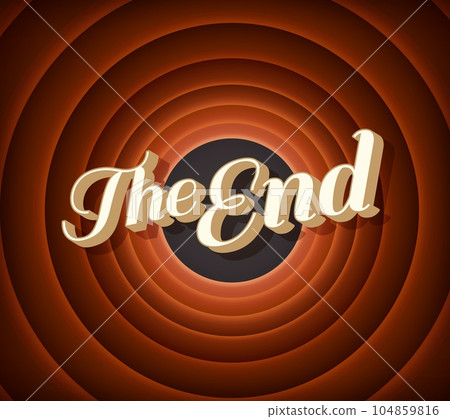 End screen, movie cinema film circle background. Retro movie ending screen vector round frame poster. Vintage cinema theater, video studio and motion picture background, cinematography, entertainment 104859816