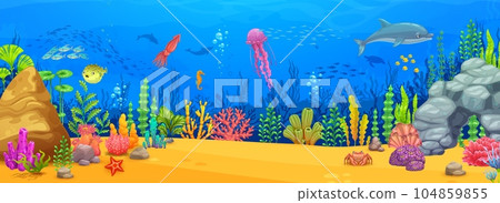 Cartoon underwater landscape with sea animals for game level background, vector undersea world. Ocean coral reef jellyfish with dolphin, starfish or crab and fish shoal for game level sea landscape 104859855