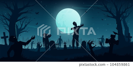 Halloween zombie horror graveyard. Scary dead apocalypse monsters, eerie undead creatures roam the desolate cemetery, among the tombstones, while full moon hangs heavy with a sense of lingering doom 104859861