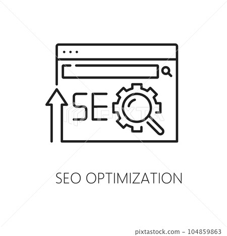 SEO optimization, SERP icon of search engine result page, web marketing vector line pictogram. SEO in internet advertising and digital media content optimization of internet search and website SERP 104859863