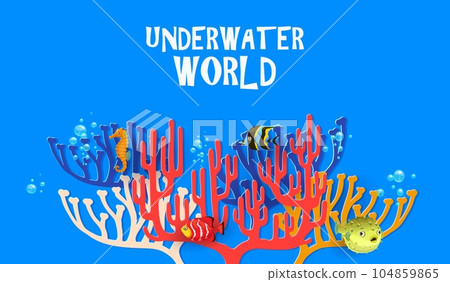 Sea corals paper cut poster. Vector background with 3d effect captures intricate beauty of coral reefs, showcasing delicate papercut craft with touch of marine elegance, underwater vegetation and life Sea corals paper cut poster. Vector background with 3d effect captures intricate beauty of coral reefs, showcasing delicate papercut craft with touch of marine elegance, underwater vegetation and life 104859865