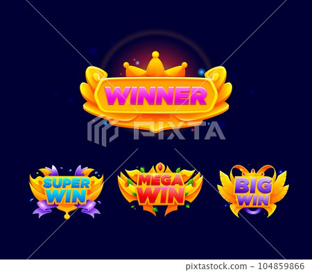 Game win popup banner and victory sign badges or winner congratulation ribbons, vector GUI. Online casino or slot machine gambling game and jackpot win pop up banners with golden wings and crown Game win popup banner and victory sign badges or winner congratulation ribbons, vector GUI. Online casino or slot machine gambling game and jackpot win pop up banners with golden wings and crown 104859866
