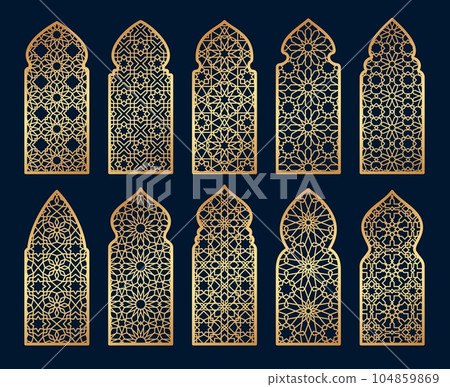 Arabian mosque window and gate patterns, golden arch arabesque ornament shapes. Old arabic door or window frames with gold geometric motif. Mashrabiya, islamic mosque or palace architecture elements Arabian mosque window and gate patterns, golden arch arabesque ornament shapes. Old arabic door or window frames with gold geometric motif. Mashrabiya, islamic mosque or palace architecture elements 104859869