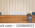 blooming cactus pot on wooden table 104860023