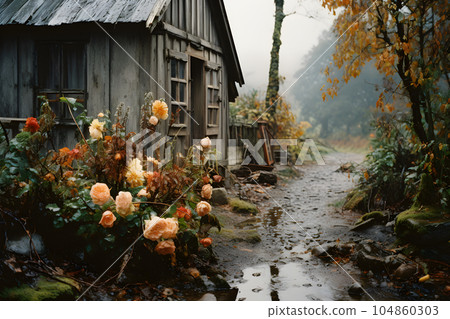 Old wooden house in the forest in autumn with yellowed flowers 104860303