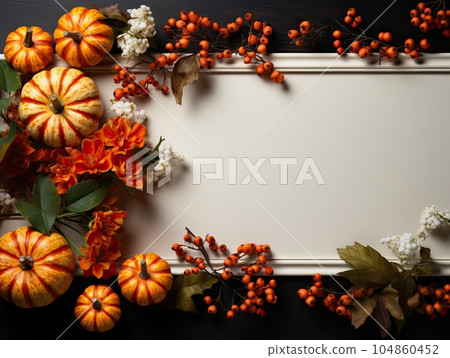 Festive autumn decor with blank white copy space surrounded by pumpkins, autumn leaves, ashberries in corners. Flat lay autumn composition. Thanksgiving banner for text. Generative AI 104860452