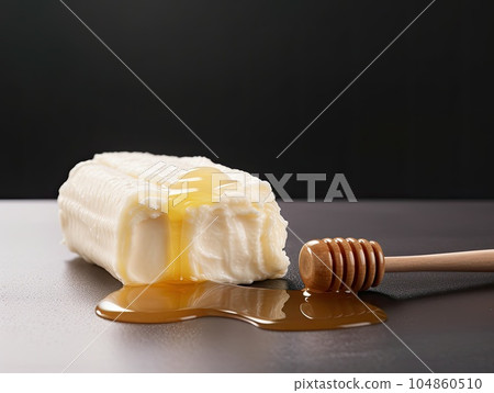 Closeup picture of white cream milky kaymak butter roll poured with honey. Generative AI. Closeup picture of white cream milky kaymak butter roll poured with honey. Generative AI. 104860510