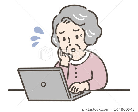 Elderly woman worried about how to use a computer 104860543