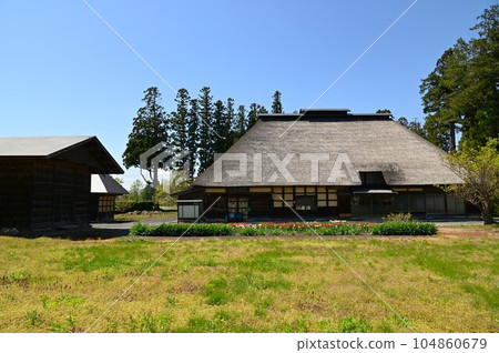 An old private house with a roofed roof 104860679