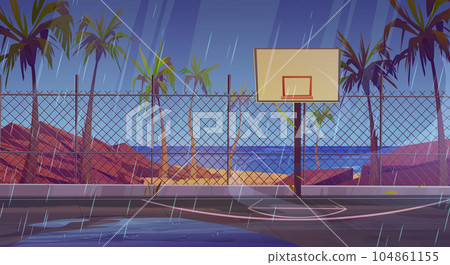 Rain on street basketball court near sea beach 104861155