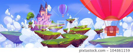Hot air balloon, palace on floating rock island Hot air balloon, palace on floating rock island 104861159