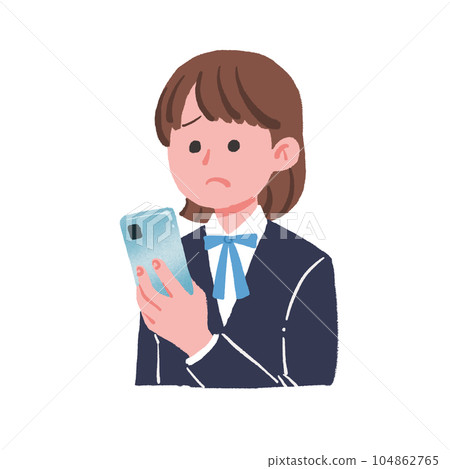 一名女學生一臉困惑地看著智能手機 104862765