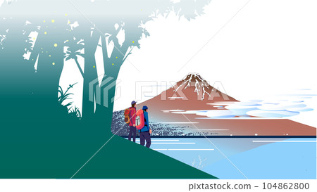 Scenery with summer mountain hikers looking at Mt.Fuji from the mountain path 104862800