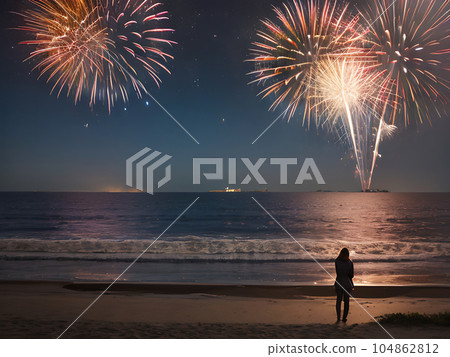 Back view of a woman watching fireworks spreading in the night sky on the beach "AI generated image" Back view of a woman watching fireworks spreading in the night sky on the beach "AI generated image" 104862812