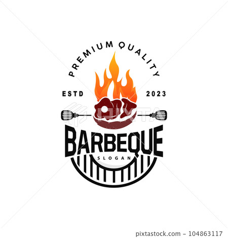 Barbeque Logo, Hot Grill Design With Fire And Spatula, Vector BBQ Grill Vintage Tripography, Retro Rustic Logo For Cafe, Restaurant, Bar Barbeque Logo, Hot Grill Design With Fire And Spatula, Vector BBQ Grill Vintage Tripography, Retro Rustic Logo For Cafe, Restaurant, Bar 104863117