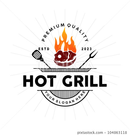 Barbeque Logo, Hot Grill Design With Fire And Spatula, Vector BBQ Grill Vintage Tripography, Retro Rustic Logo For Cafe, Restaurant, Bar 104863118