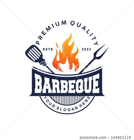 Barbeque Logo, Hot Grill Design With Fire And Spatula, Vector BBQ Grill Vintage Tripography, Retro Rustic Logo For Cafe, Restaurant, Bar Barbeque Logo, Hot Grill Design With Fire And Spatula, Vector BBQ Grill Vintage Tripography, Retro Rustic Logo For Cafe, Restaurant, Bar 104863119