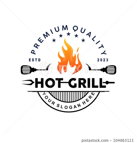Barbeque Logo, Hot Grill Design With Fire And Spatula, Vector BBQ Grill Vintage Tripography, Retro Rustic Logo For Cafe, Restaurant, Bar Barbeque Logo, Hot Grill Design With Fire And Spatula, Vector BBQ Grill Vintage Tripography, Retro Rustic Logo For Cafe, Restaurant, Bar 104863121