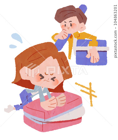 Men and women preparing to travel Men and women preparing to travel 104863201