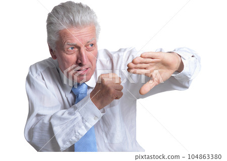 close up portrait of senior businessman in formal wear posing 104863380