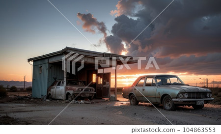 Post-apocalyptic abandoned gas station and rusty cars, desolate landscape. Generative AI 104863553