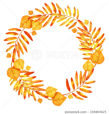 watercolor round frame with autumn leaves, wreath of autumn leaf, hand drawn illustration of yellow and orange maple leaves, mountain ash leaves, sketch isolated on white background 104863625