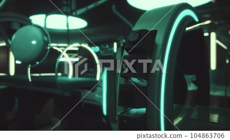A wide shot of a huge MRI scanner in hospital. A wide shot of a huge MRI scanner in hospital. 104863706