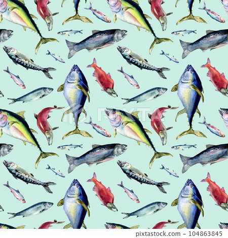 Various sea fishes seamless pattern watercolor illustration isolated on blue. Wild fish, tuna, salmon, herring, anchovy hand drawn. Design element for textile, packaging, paper, wrapping, background 104863845