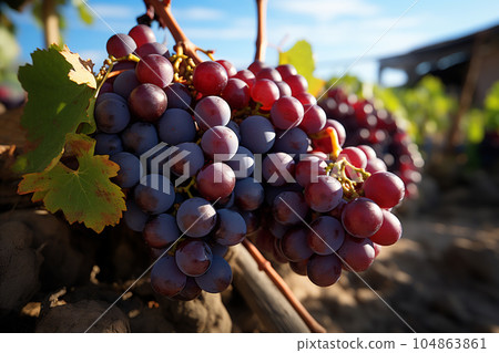 Landscape with the famous Muscat grape in a French vineyards. Black grapes ready to be harvested. AI Generative 104863861
