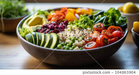 Vegan and gluten - free meal buddha bowl, Colorful assortment of fresh vegetables and grains. AI Generative. 104863904