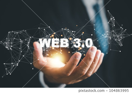 A visionary businessman in a suit represents the cutting edge Web 3.0 concept, epitomizing the fusion of technology, internet connectivity, and business evolution. Web3 A visionary businessman in a suit represents the cutting edge Web 3.0 concept, epitomizing the fusion of technology, internet connectivity, and business evolution. Web3 104863995